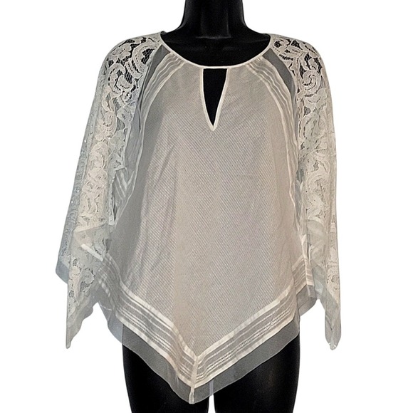 Lace Sleeve Poncho Top Keyhole Neckline Sheer White Overlay‎ - Picture 1 of 6